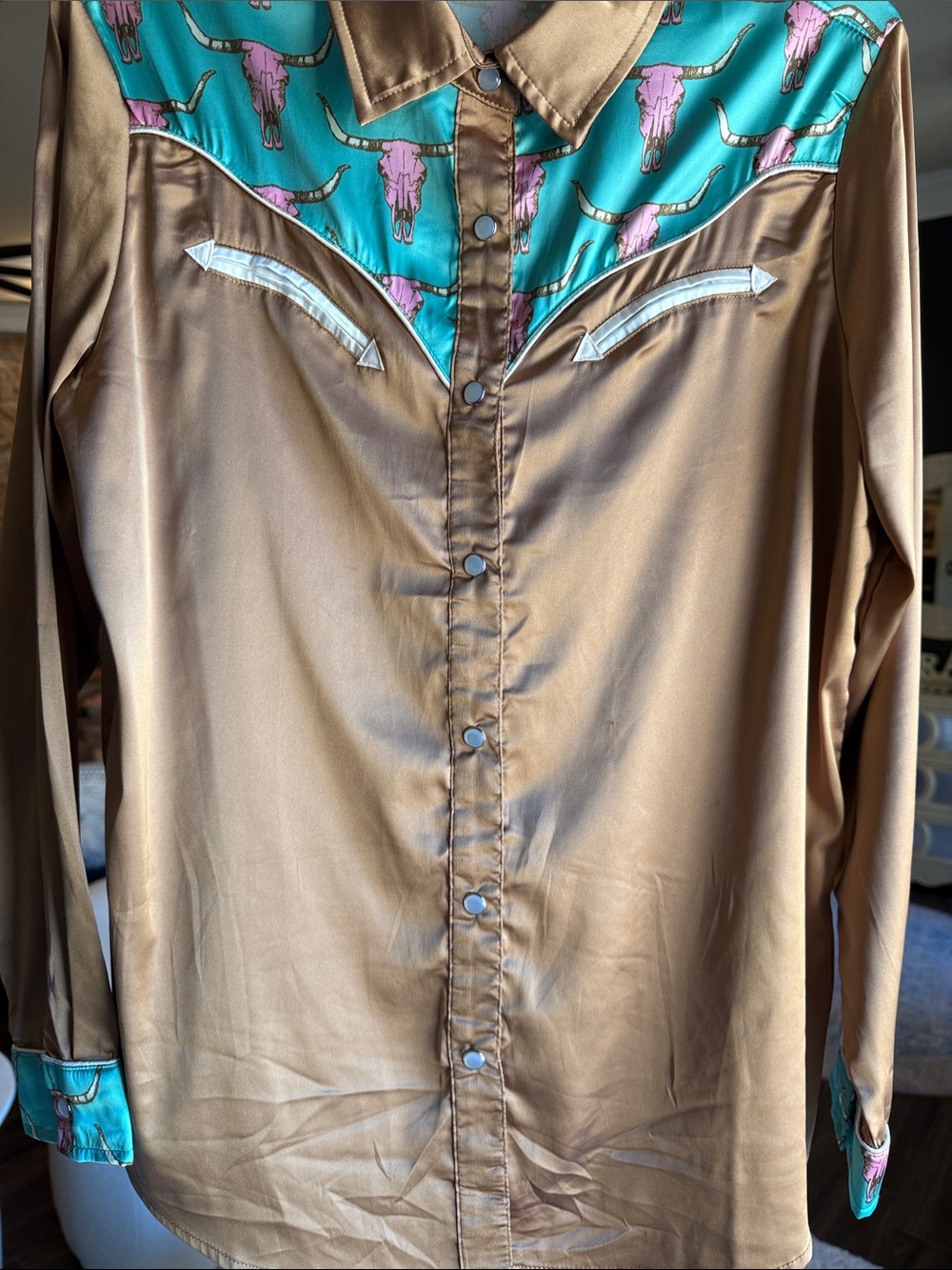Women’s Satin Western-Style Shirt Jacket in Brown and Teal